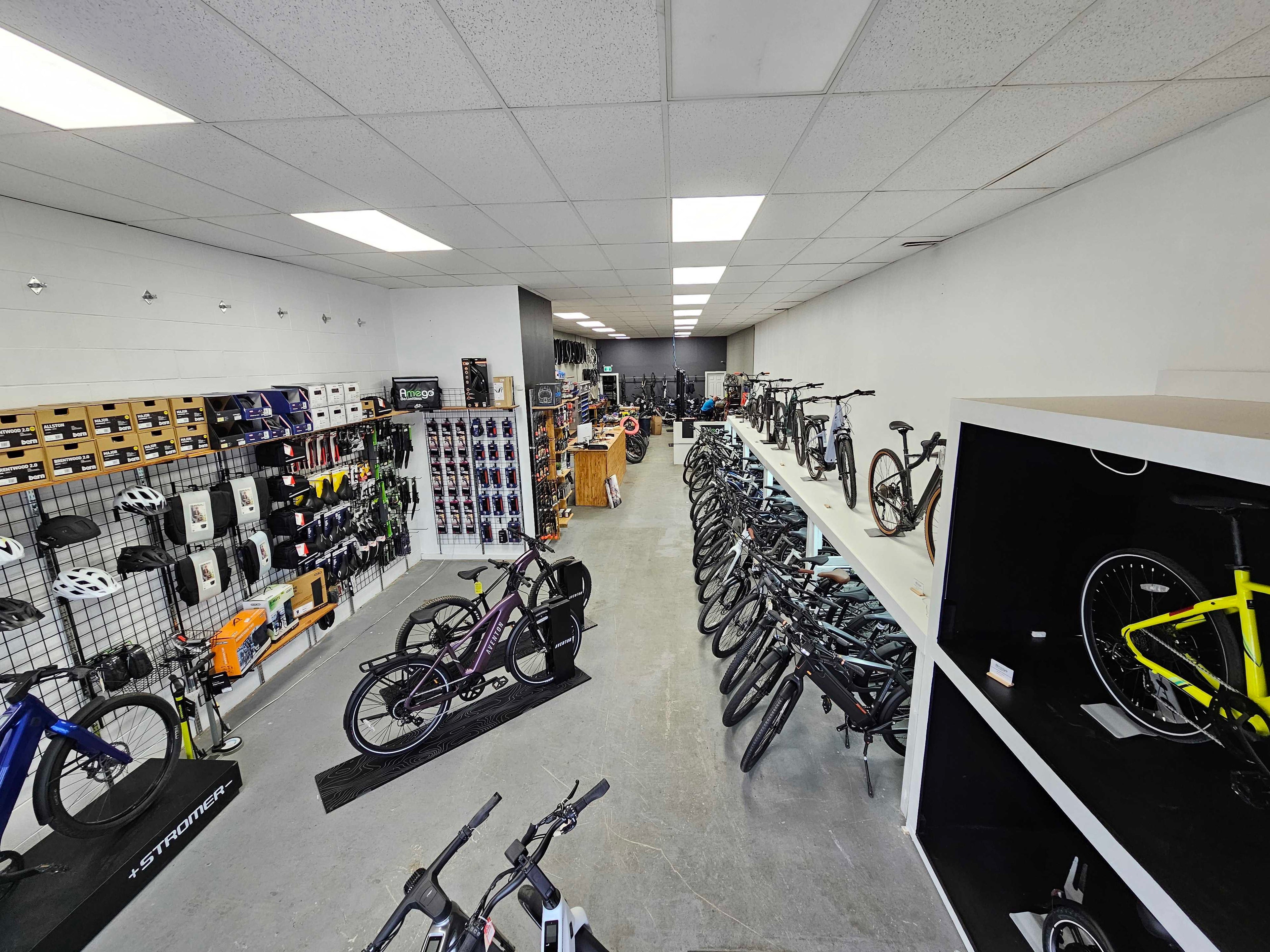 Amego Calgary eBike showroom featuring Aventon commuter and cargo bikes