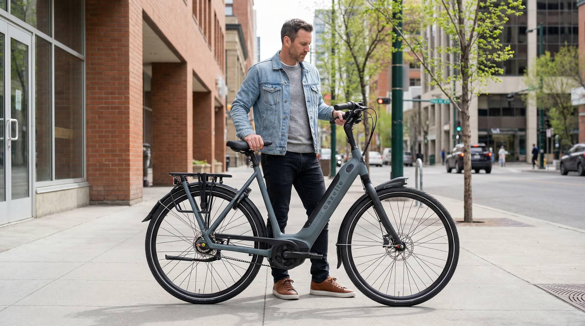 A man in a denim jacket and dark pants stands on a Toronto sidewalk next to a step-through electric bicycle. The bike is dark gray with black tires.