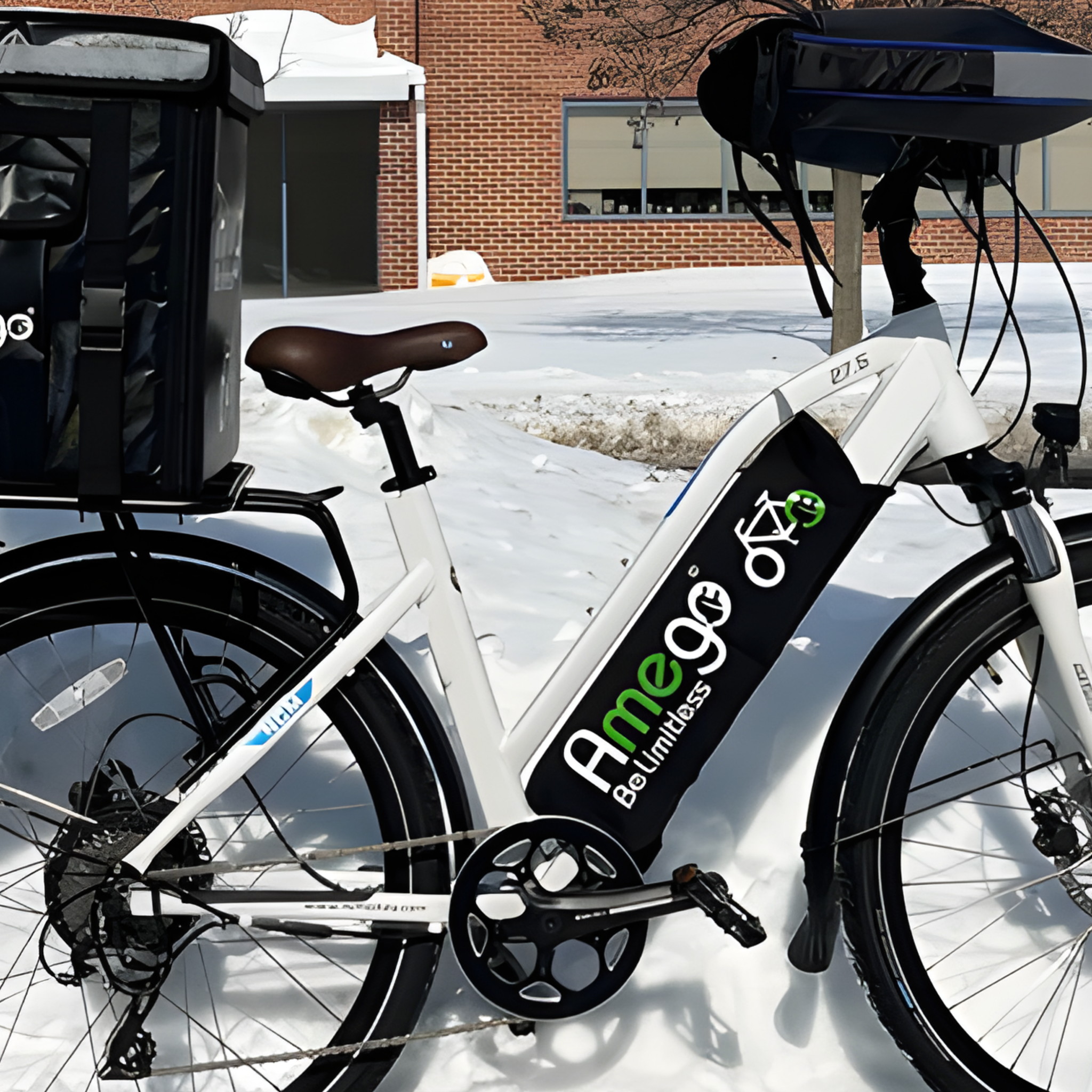 NCM Milano Plus White 27.5" Winter Package Deal - 48V25Ah Battery, Schwalbe Studded Tires, Delivery Bag & Rack, and more. - Amego Electric Vehicles