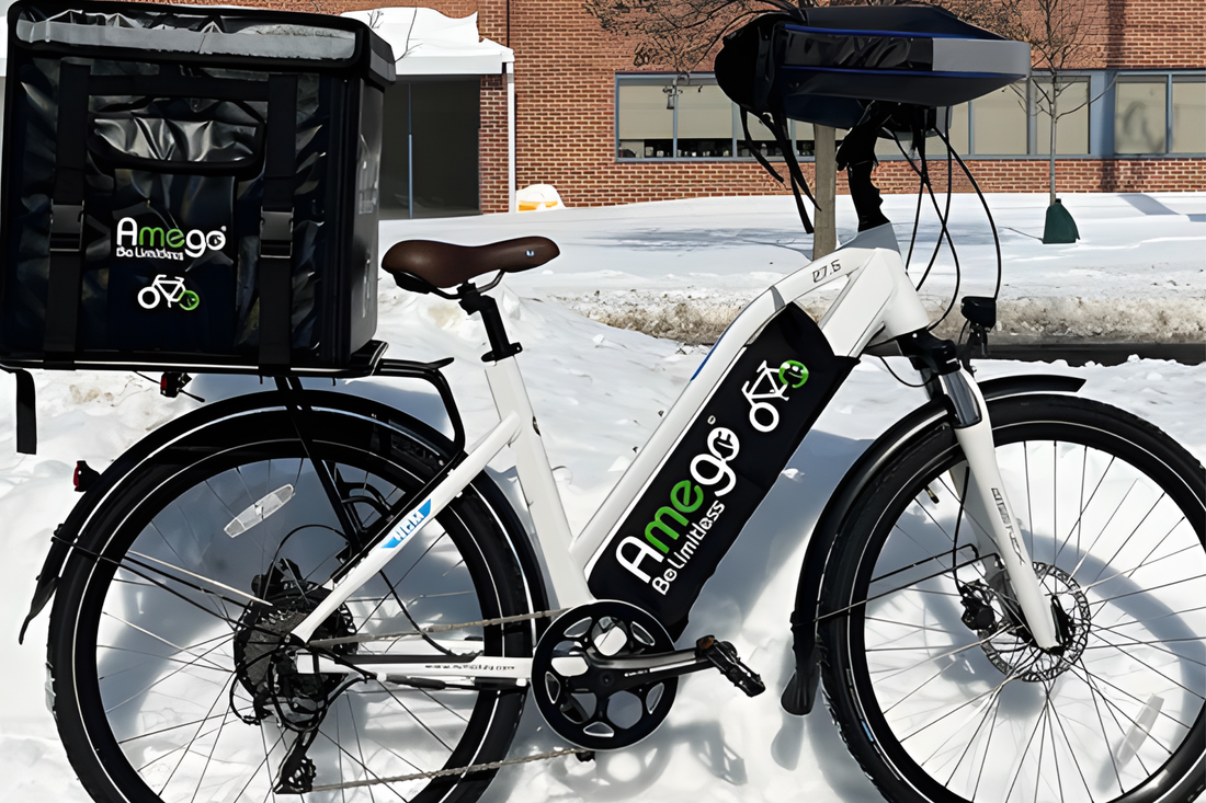 NCM Milano Plus White 27.5" Winter Package Deal - 48V25Ah Battery, Schwalbe Studded Tires, Delivery Bag & Rack, and more. - Amego Electric Vehicles