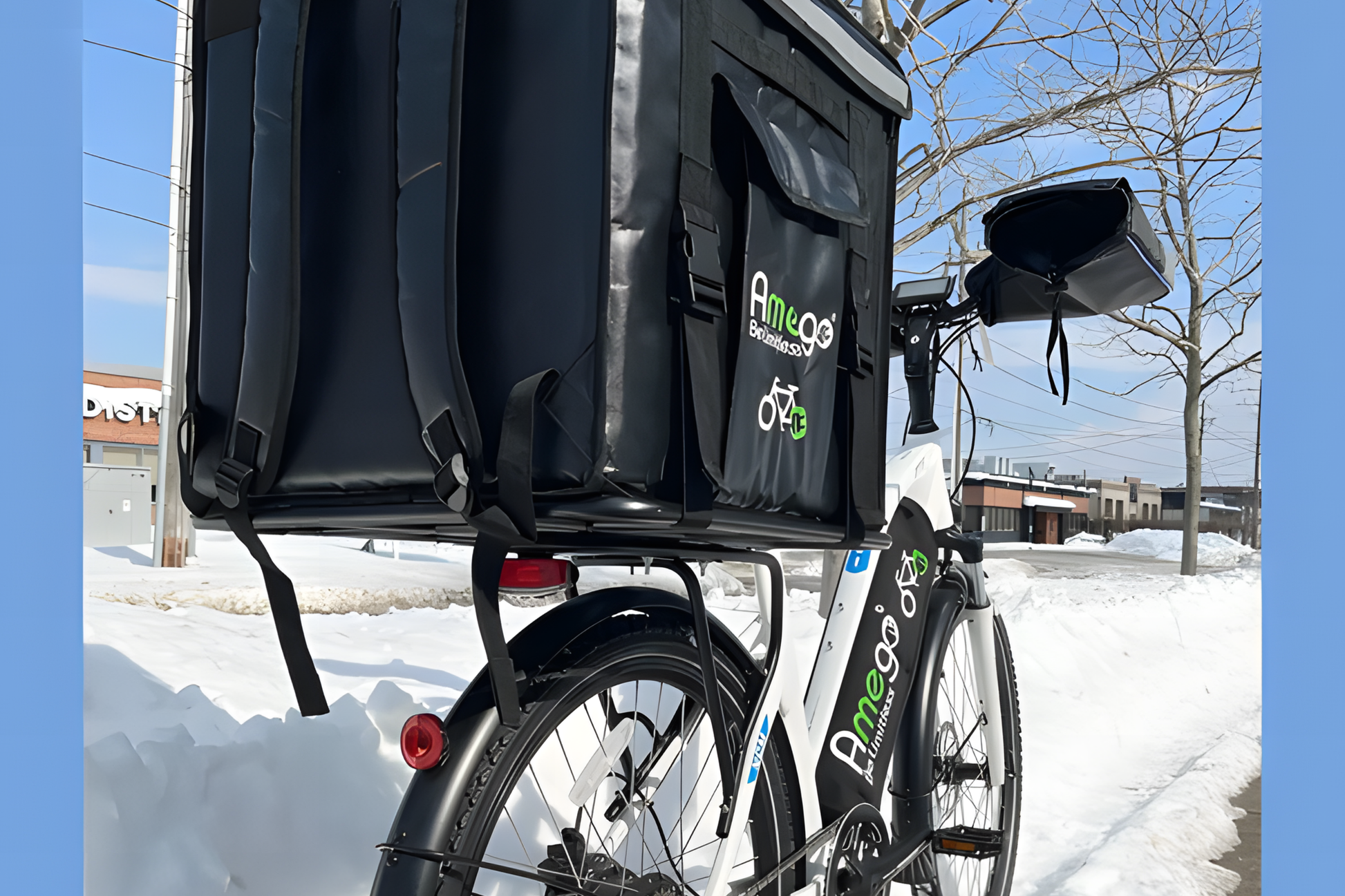 NCM Milano Plus White 27.5" Winter Package Deal - 48V25Ah Battery, Schwalbe Studded Tires, Delivery Bag & Rack, and more. - Amego Electric Vehicles