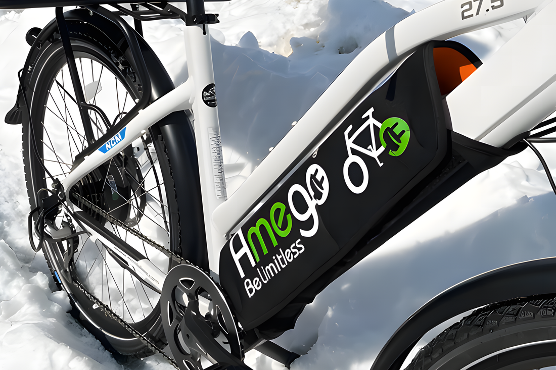 NCM Milano Plus White 27.5" Winter Package Deal - 48V25Ah Battery, Schwalbe Studded Tires, Delivery Bag & Rack, and more. - Amego Electric Vehicles