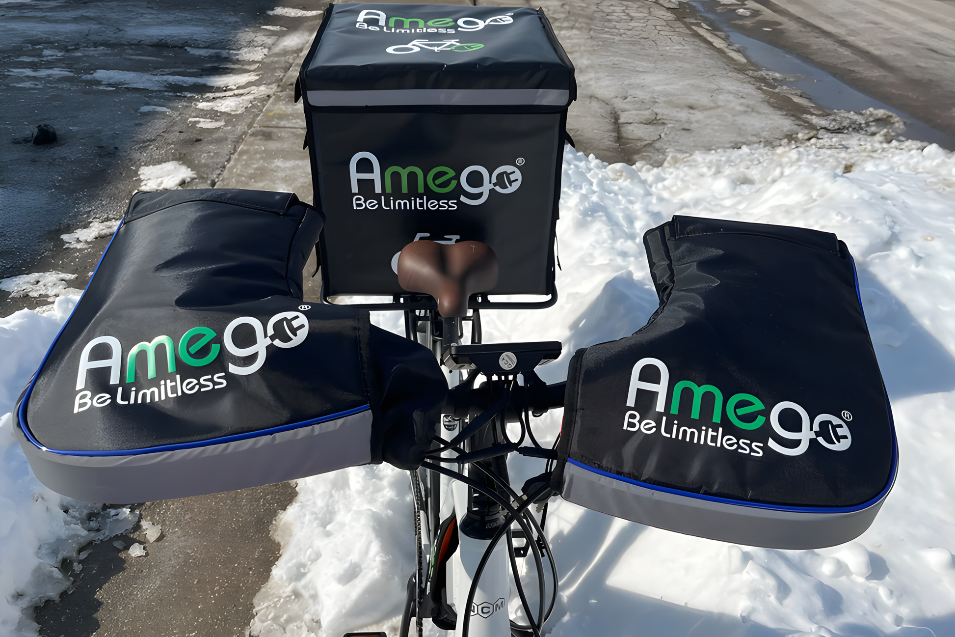 NCM Milano Plus White 27.5" Winter Package Deal - 48V25Ah Battery, Schwalbe Studded Tires, Delivery Bag & Rack, and more. - Amego Electric Vehicles
