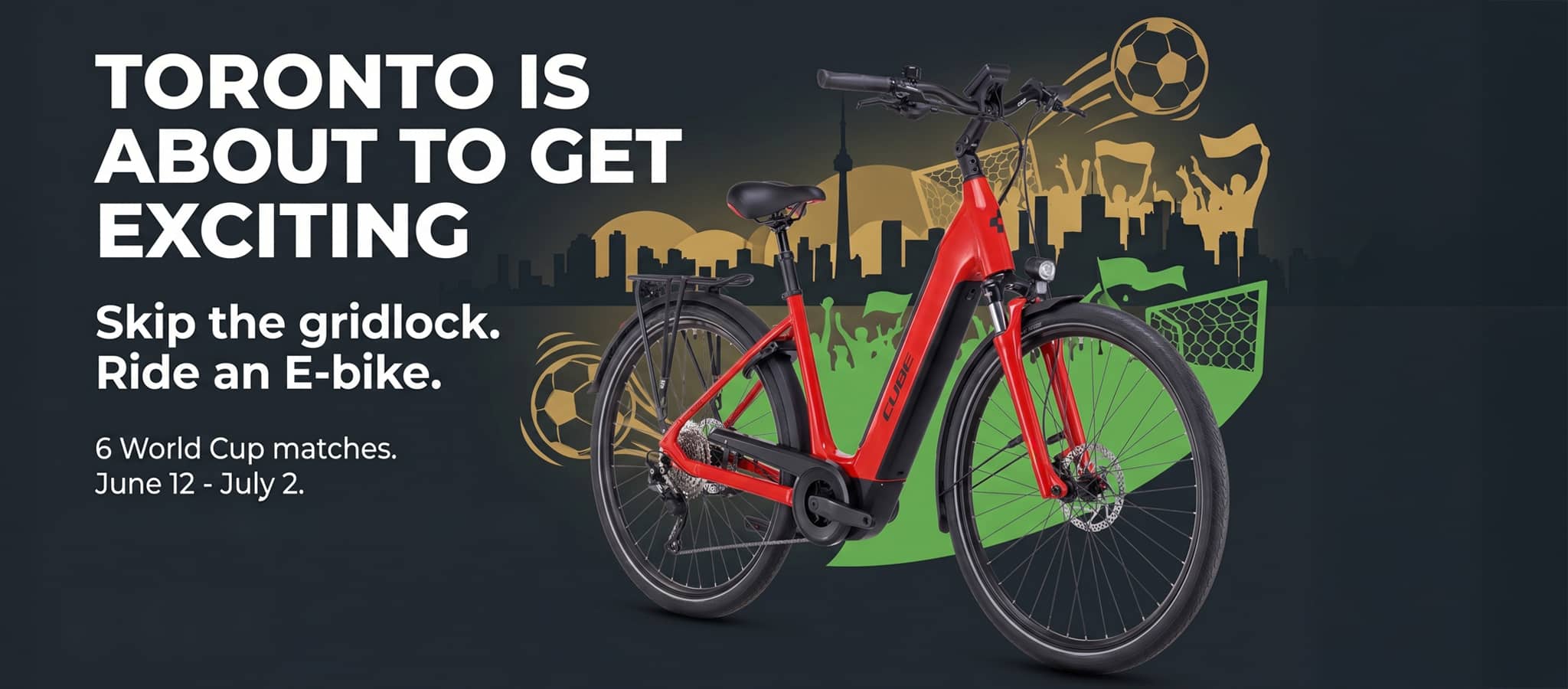 Red electric bike with a world cup -themed background featuring a soccer ball and stadium.slider_item_VzRg8W